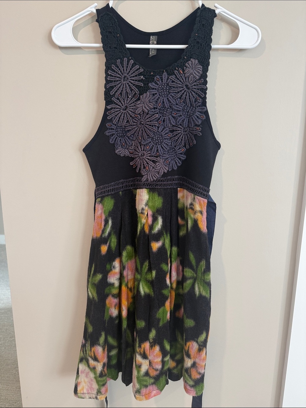 Free People Black Floral Crochet Bodice Dress with pockets